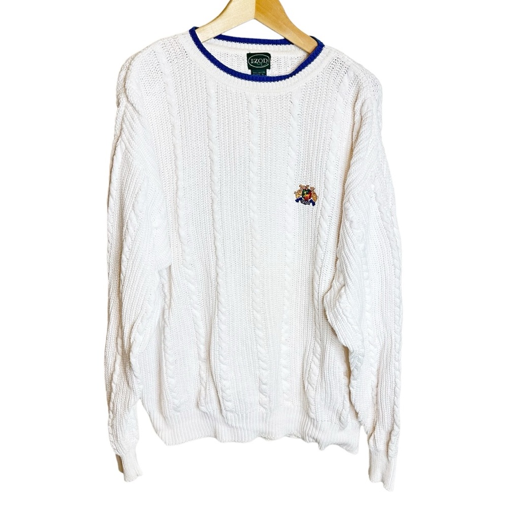 Vintage Izod Crest Patch Cable Knit Oversized Cotton Sweater Size Large